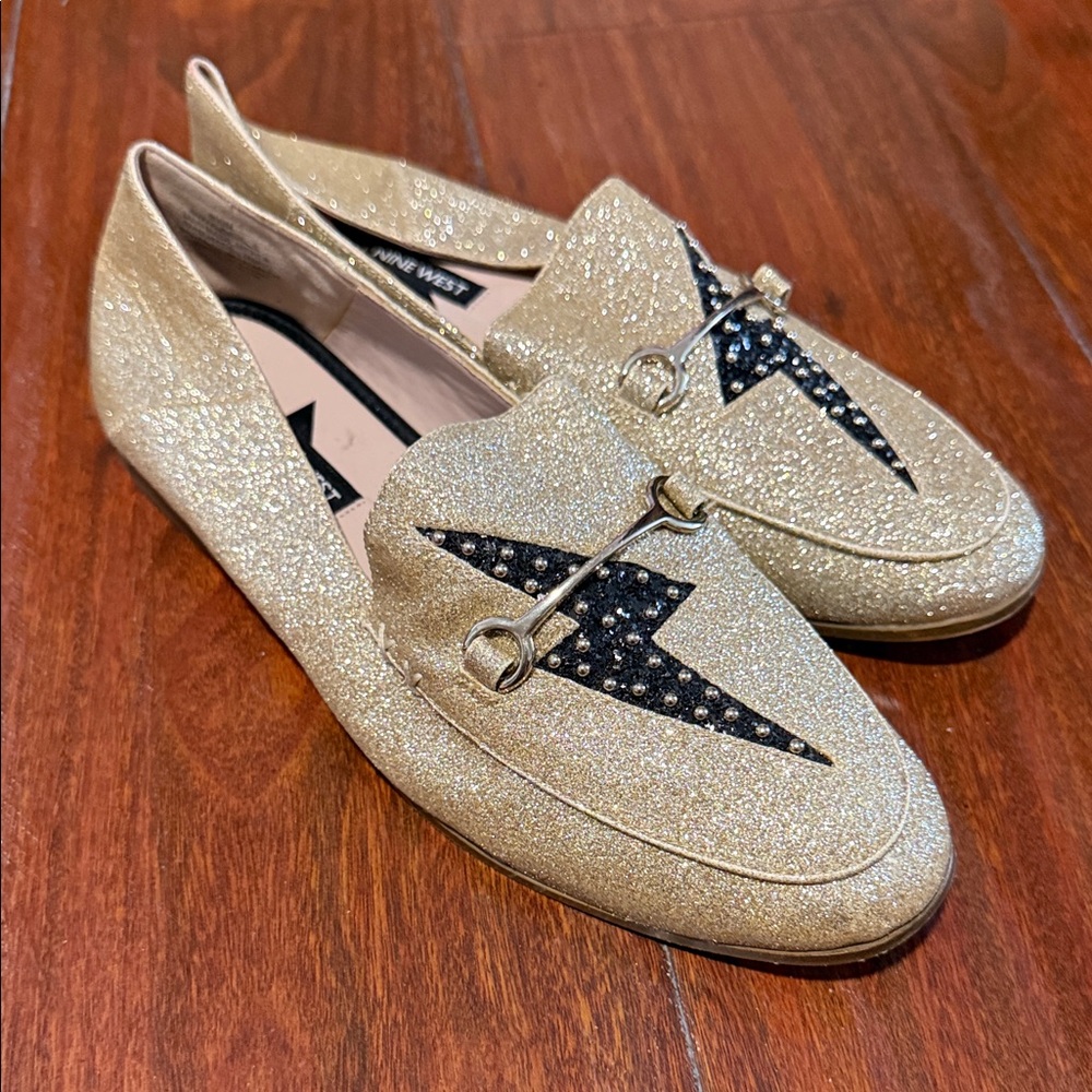 Nine West Gold Glitter Loafers with Black Star Detail